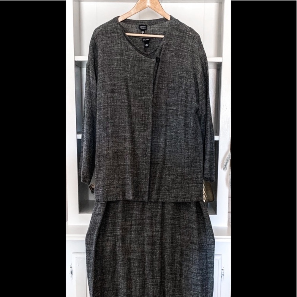 Eileen Fisher Gray Linen Two Piece Lagenlook Maxi Dress Sweater Set